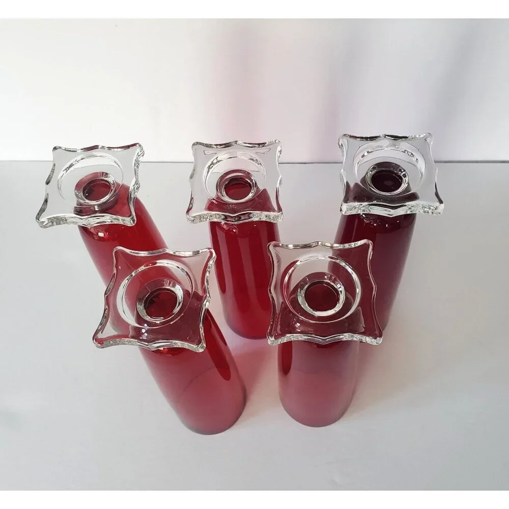 Vintage MCM Seneca Slim Jim 903 Ruby Red Footed Pilsner Beverage Glass Vase Set